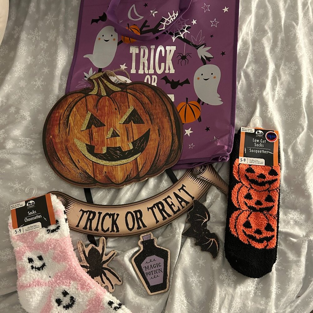 New Halloween Bundle- Slipper/Regular Socks, Bag, Pumpkin Door Hanger